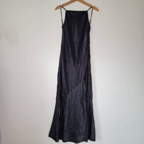 Abercrombie & Fitch Black Satin Slip Dress Small Long Maxi Spaghetti Strap Open - Picture 1 of 12